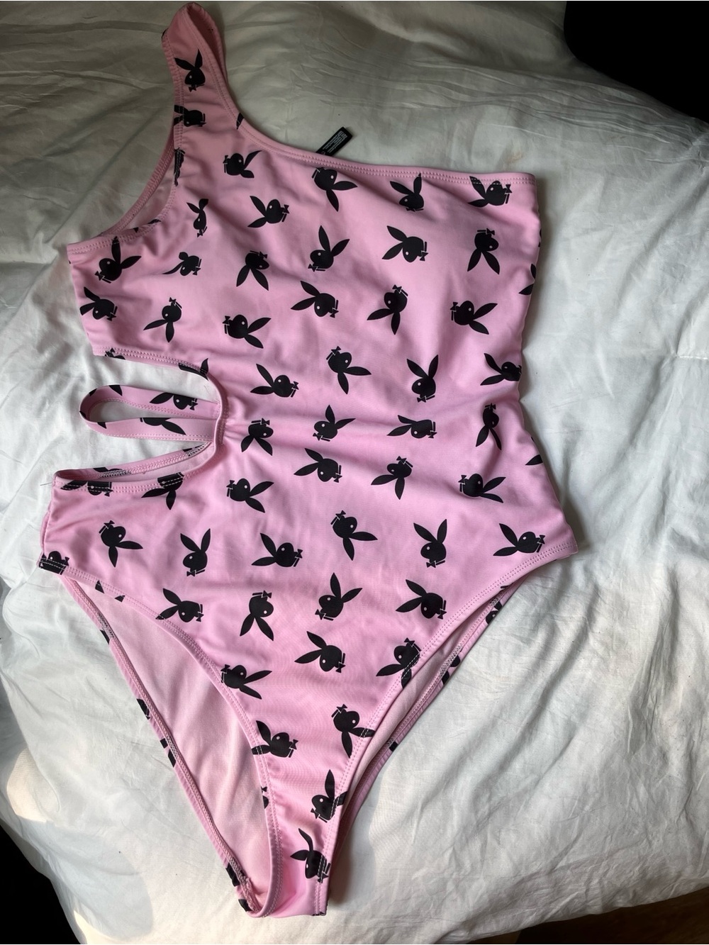 PLAYBOY Pink One-Shoulder One-Piece with Black Bunny Print